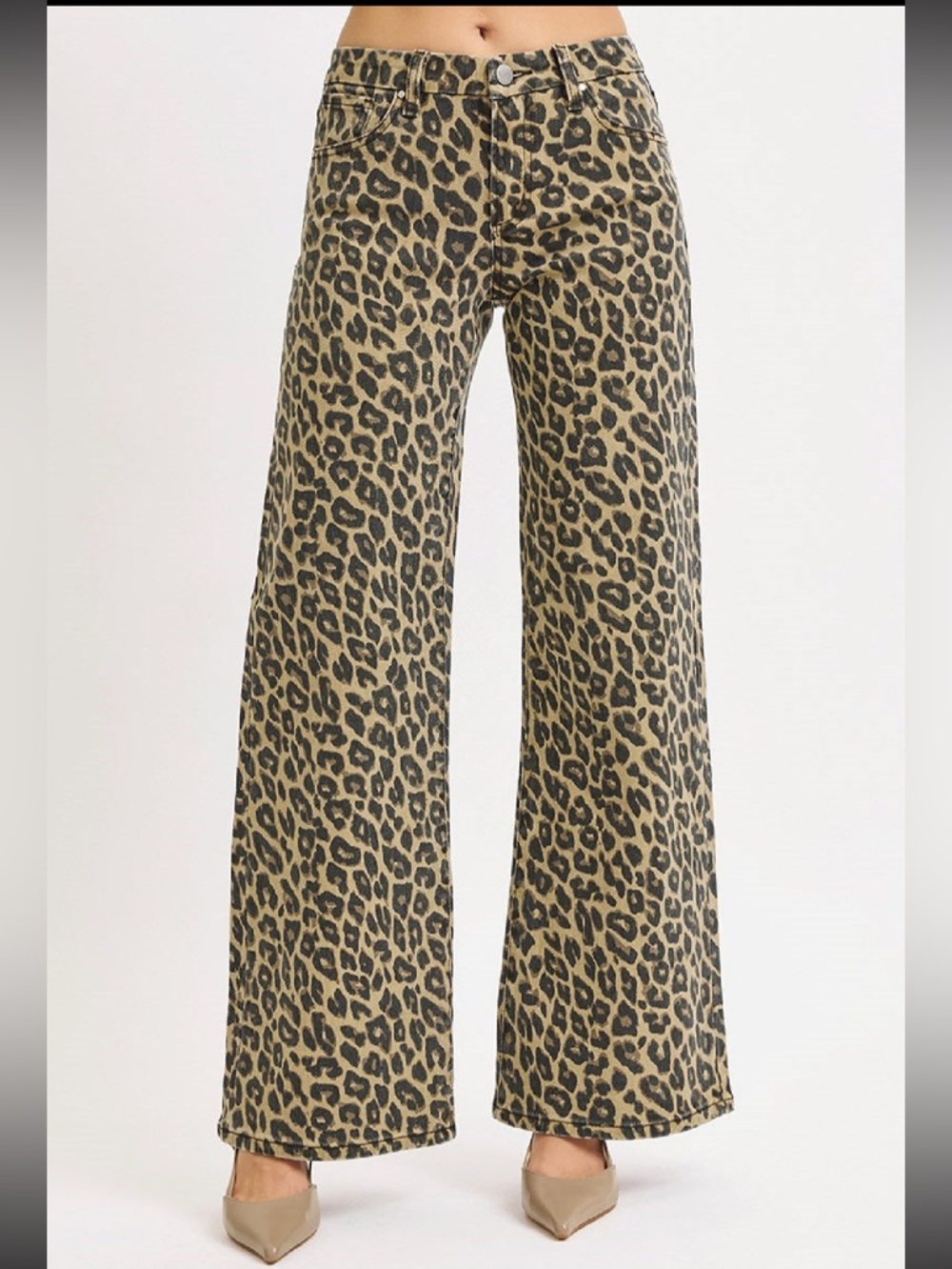 New w tags. Cheetah leopard coffee color jeans Risen. Wide leg long